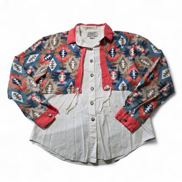 Circle T Tops - Vintage Circle T Marilyn Lenox Western Shirt Medium Aztec Southwest Button USA